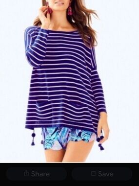 Lilly Pulitzer Blue and Light Pink Striped Tassel Hem Sweater